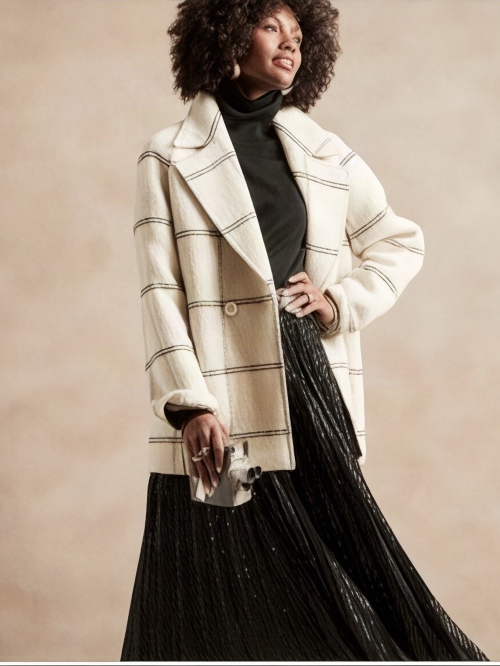 Banana Republic Factory Wool Blend Windowpane Plaid Oversized Coat L Ivory Black
